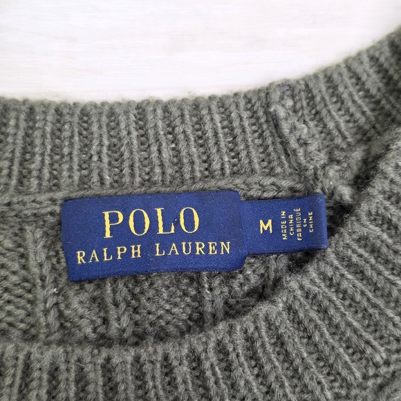 Polo Ralph Lauren Sweater Mens Olive Green Fisherman Cable Knit Crew Size Medium - Picture 3 of 8